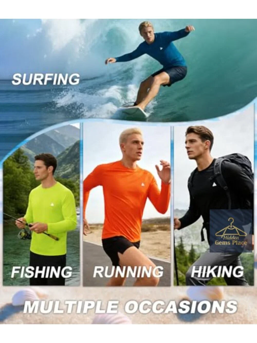 Men's UPF 50+ Quick Dry Long Sleeve Rash Guard UV Sun Protection Shirt Fishing